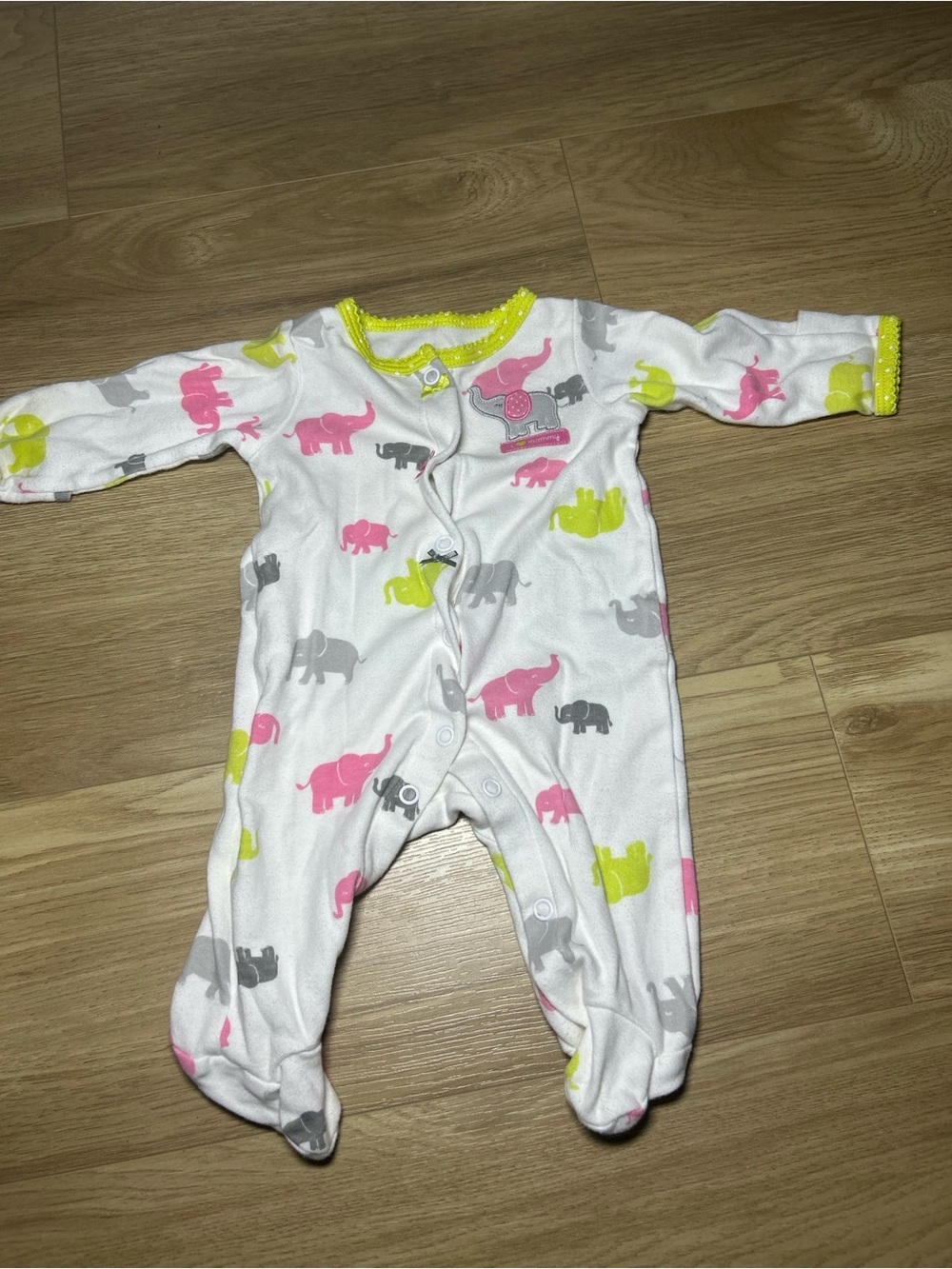 Carter's White Footed One-Piece with Pink, Gray & Yellow Elephant Print